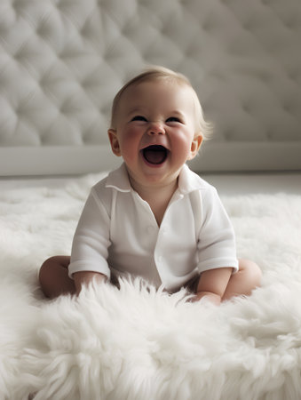 Portrait of a smiling baby boy on a white fur blanket.の素材