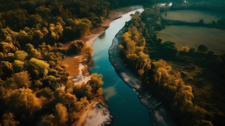 Aerial view of river and forest in autumn. Drone photography.の素材