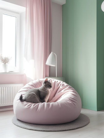 Cute cat sitting on a pink beanbag chair in a roomの素材