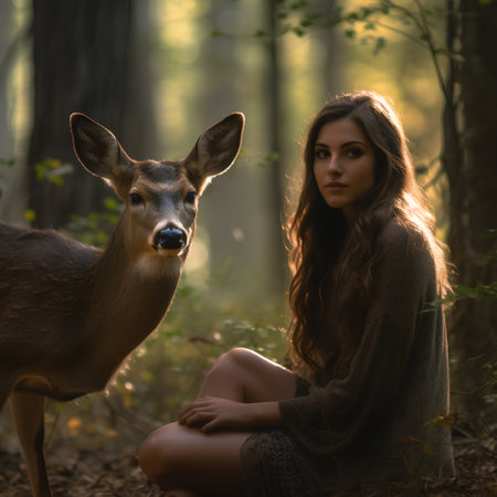 Beautiful young woman with a deer in the forest at sunset.の素材