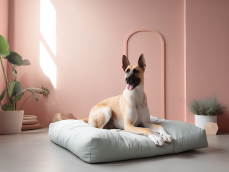 3d rendering of a dog lying on a pillow in a roomの素材