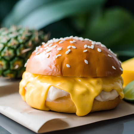 Hamburger with cheese and pineapple on dark background. Close up.の素材