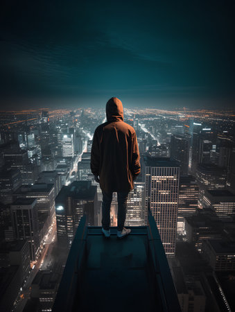 Man standing on the top of a skyscraper looking at the night cityの素材