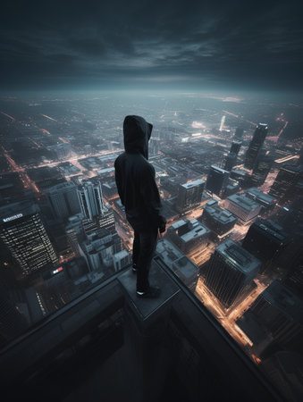 Man standing on the roof of skyscraper and looking at night cityの素材
