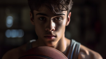 Portrait of a young man with basketball ball in the gym.の素材
