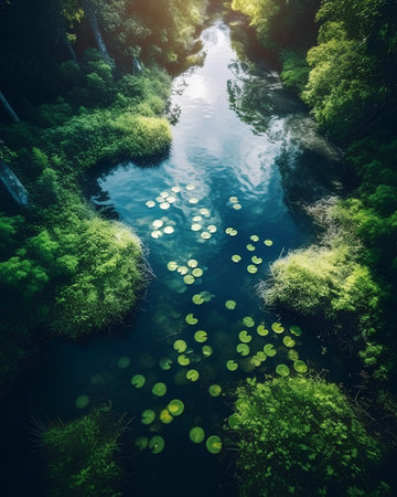 Aerial view of river and green forest. Beautiful nature background.の素材