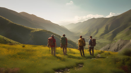 Group of friends hiking in the mountains at sunset. Travel and adventure conceptの素材