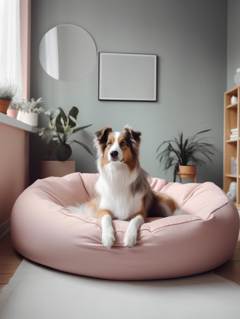 Shetland Sheepdog sitting on a pink beanbag chair at homeの素材