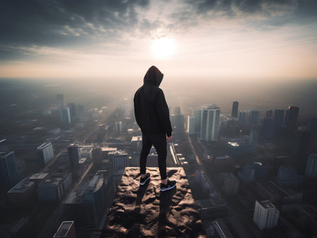 Silhouette of a man in a hood standing on the edge of a cliff and looking at the cityの素材