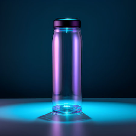 3D rendering of a transparent glass bottle on a blue background.の素材