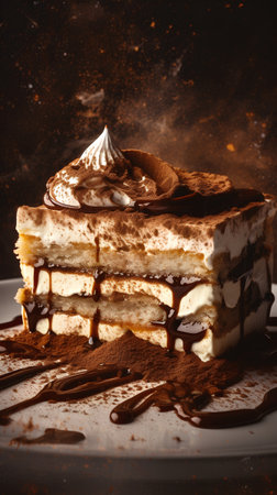 Classic tiramisu cake with chocolate and cocoa powder on dark backgroundの素材