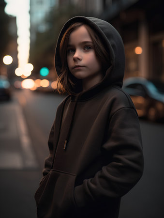 Portrait of a boy in a hoodie on the street at nightの素材