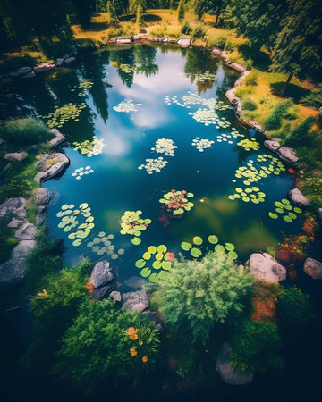 Beautiful lake in the park with pond and water lilies.の素材