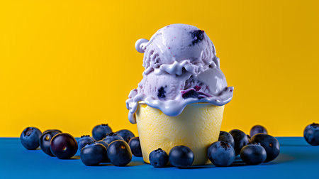 Blueberry ice cream in a yellow cup with berries on a blue backgroundの素材