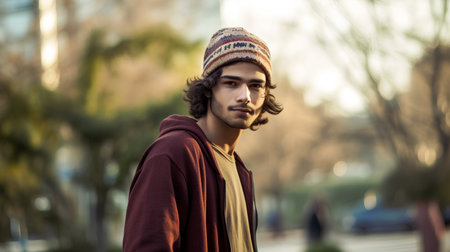 Portrait of a handsome young man with long curly hair in the cityの素材