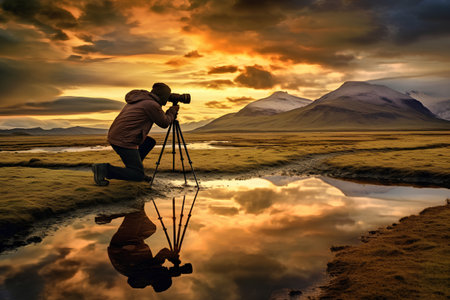 Photographer with camera on tripod and reflection in a lake at sunsetの素材