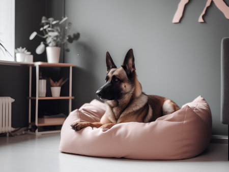 German shepherd dog lying on a pillow in the living room at homeの素材