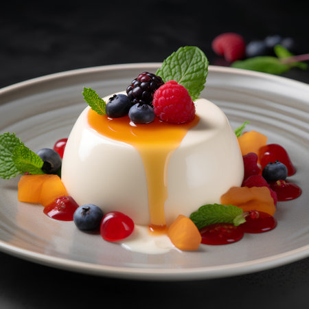 Panna cotta with fresh berries and caramel sauce on a dark backgroundの素材