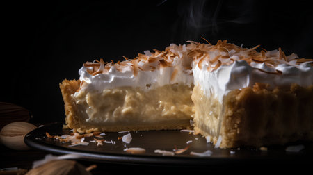 Piece of homemade cake with whipped cream and caramel on black plateの素材