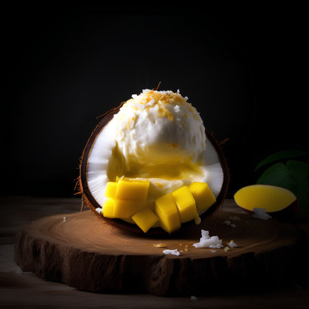 Coconut ice cream with mango on wooden table, black backgroundの素材