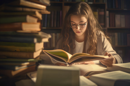 Young woman reading a book in library. Education and knowledge concept.の素材