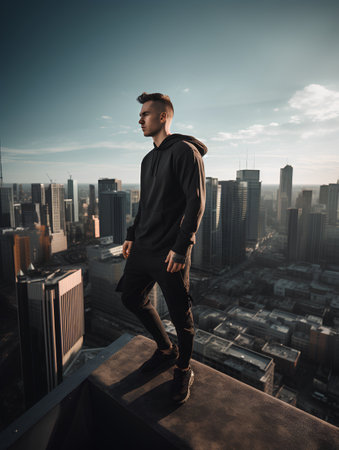 Handsome young man in black hoodie standing on the roof of a skyscraperの素材