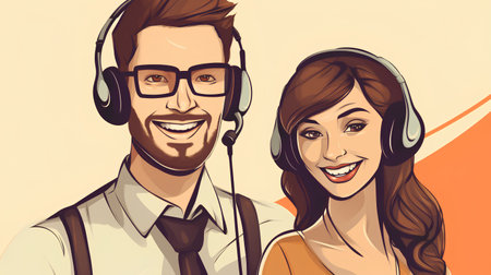 Vector illustration of a man and a woman in headphones. Call center operators.の素材