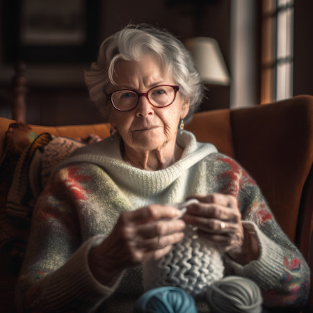 Elderly woman knitting at home. Selective focus on handsの素材