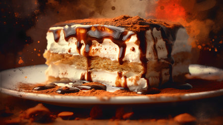 Tiramisu cake with chocolate and cocoa powder on a wooden backgroundの素材