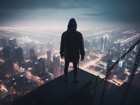 Silhouette of a hacker in a hoodie standing on the roof of a skyscraper and looking at the night cityの素材