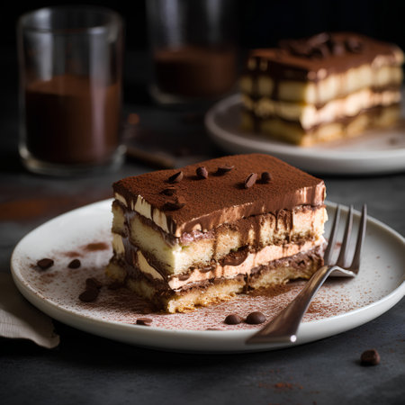 Tiramisu cake on a white plate, selective focus.の素材