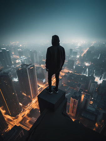Silhouette of a man in a hood standing on the edge of a building overlooking the city at nightの素材