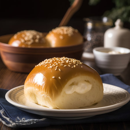 Bread rolls with cottage cheese and sesame seeds on wooden tableの素材
