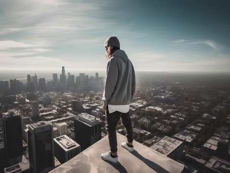 Hipster young man standing on the top of a building looking at the cityの素材