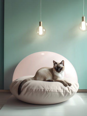 Siamese cat lying on soft pillow in room, 3d renderingの素材