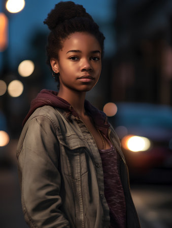 portrait of beautiful african american woman in city at nightの素材