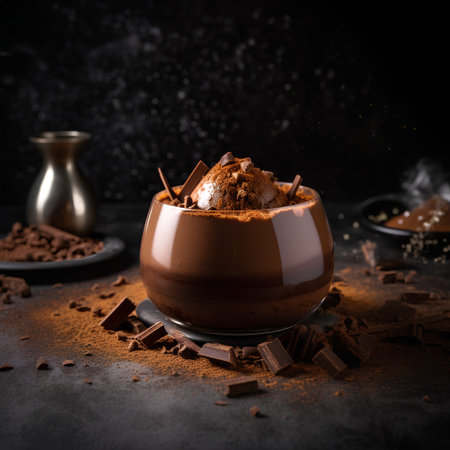 Chocolate mousse with whipped cream and cocoa powder on dark backgroundの素材