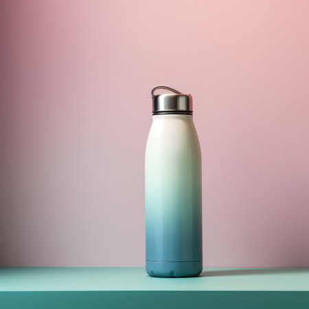 Mockup of a blue sports bottle on a pastel backgroundの素材
