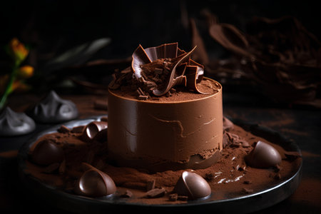 Chocolate mousse cake with chocolate shavings on a dark backgroundの素材