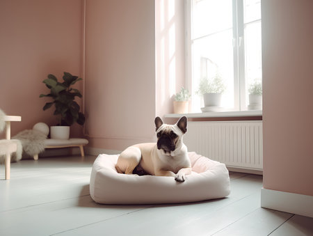 Cute french bulldog lying on a beanbag chair in the living roomの素材