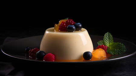Panna cotta with fresh berries on a black background, selective focusの素材