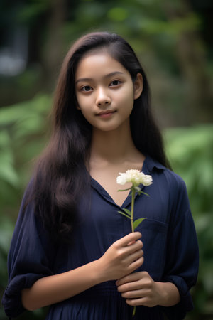 Portrait of thai adult beautiful girl blue dress relax and smileの素材