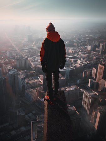 Man standing on the edge of a cliff and looking at the cityの素材