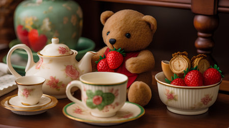 Teddy bear and tea cup on wooden table. Selective focus.の素材