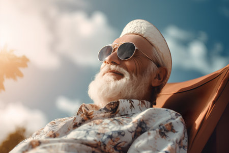 Portrait of senior man with white beard and sunglasses. He is sitting in sun lounger.の素材