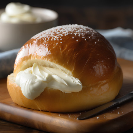 Close-up of a freshly baked bun with butter on a wooden boardの素材