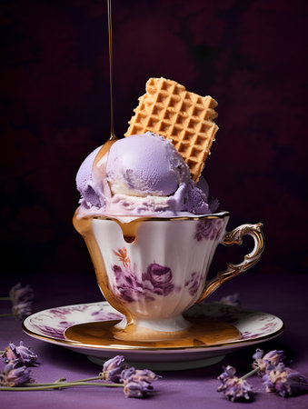 Vanilla ice cream with lavender flavor in a beautiful cup on a dark backgroundの素材