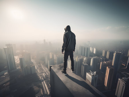 Man standing on the edge of a building in the misty cityの素材
