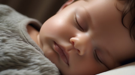 Cute little girl sleeping on a soft blanket. Close-up.の素材