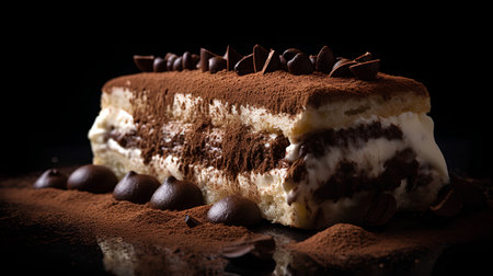 Tiramisu cake on dark background. Selective focus. Toned.の素材